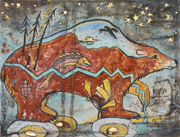 The bear carries the stories of the people. From the dancing of the gray pines to the gold of the poppies and raven bringing messages to families are the symbols embedded into this painting.